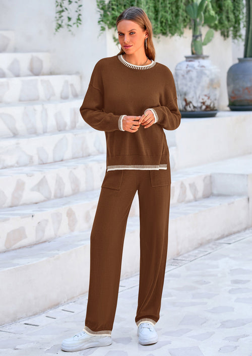 Osonn Women's 2 Piece Knit Sweater Outfit Casual Long Sleeve Pullover Wide Leg Pants Tracksuit Loungewear Set