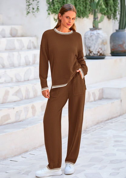 Osonn Women's 2 Piece Knit Sweater Outfit Casual Long Sleeve Pullover Wide Leg Pants Tracksuit Loungewear Set