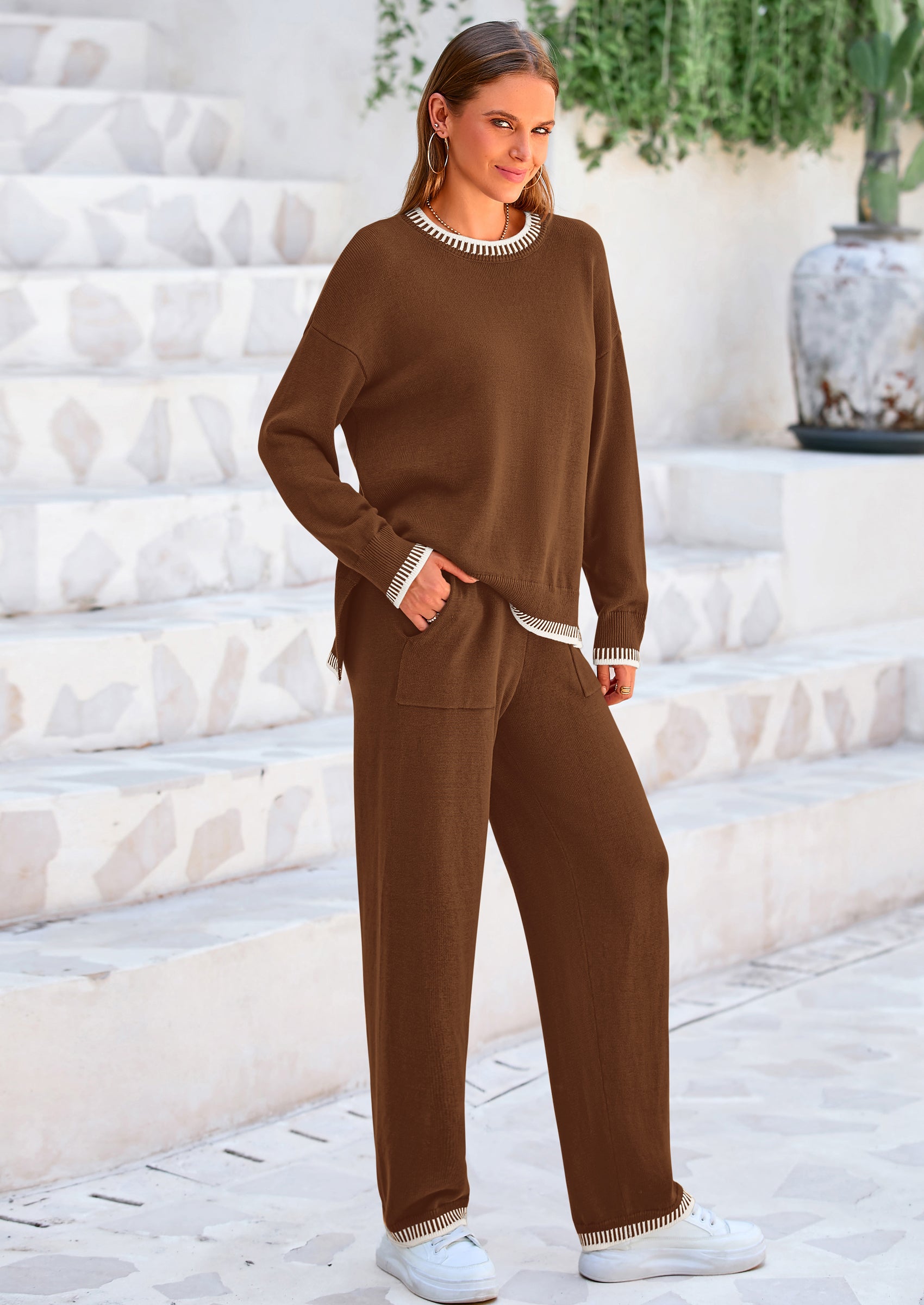 Osonn Women's 2 Piece Knit Sweater Outfit Casual Long Sleeve Pullover Wide Leg Pants Tracksuit Loungewear Set