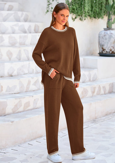 Osonn Women's 2 Piece Knit Sweater Outfit Casual Long Sleeve Pullover Wide Leg Pants Tracksuit Loungewear Set
