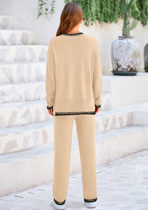 Osonn Women's 2 Piece Knit Sweater Outfit Casual Long Sleeve Pullover Wide Leg Pants Tracksuit Loungewear Set