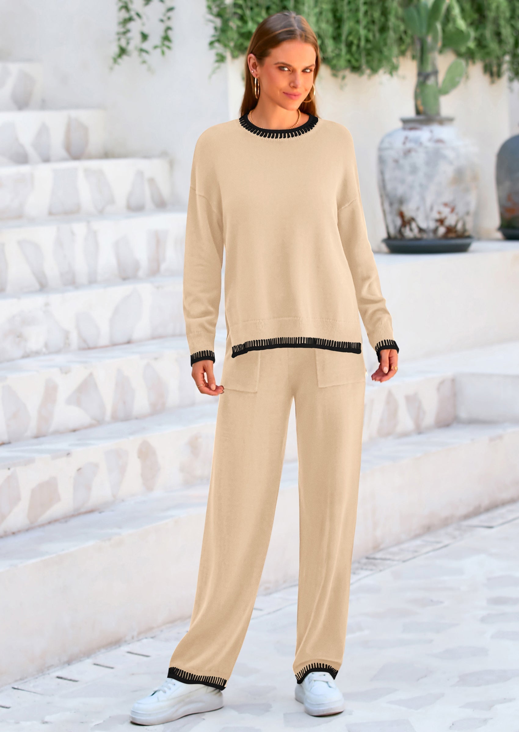 Osonn Women's 2 Piece Knit Sweater Outfit Casual Long Sleeve Pullover Wide Leg Pants Tracksuit Loungewear Set