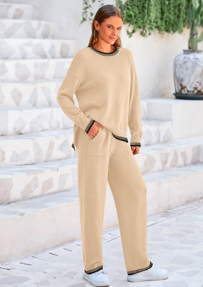 Osonn Women's 2 Piece Knit Sweater Outfit Casual Long Sleeve Pullover Wide Leg Pants Tracksuit Loungewear Set