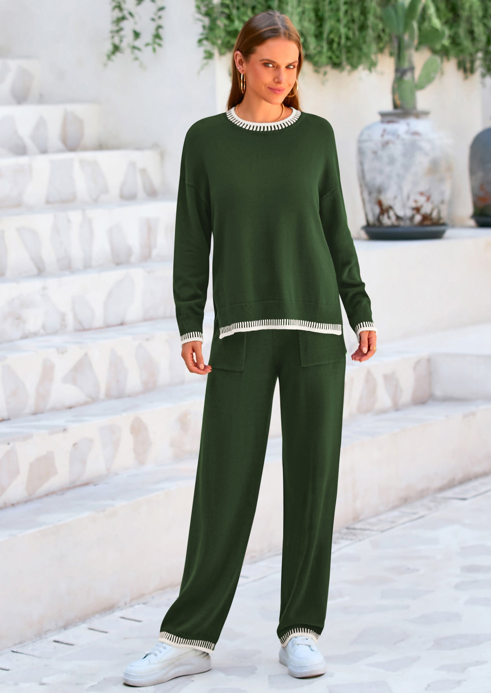 Osonn Women's 2 Piece Knit Sweater Outfit Casual Long Sleeve Pullover Wide Leg Pants Tracksuit Loungewear Set