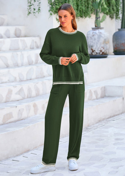 Osonn Women's 2 Piece Knit Sweater Outfit Casual Long Sleeve Pullover Wide Leg Pants Tracksuit Loungewear Set