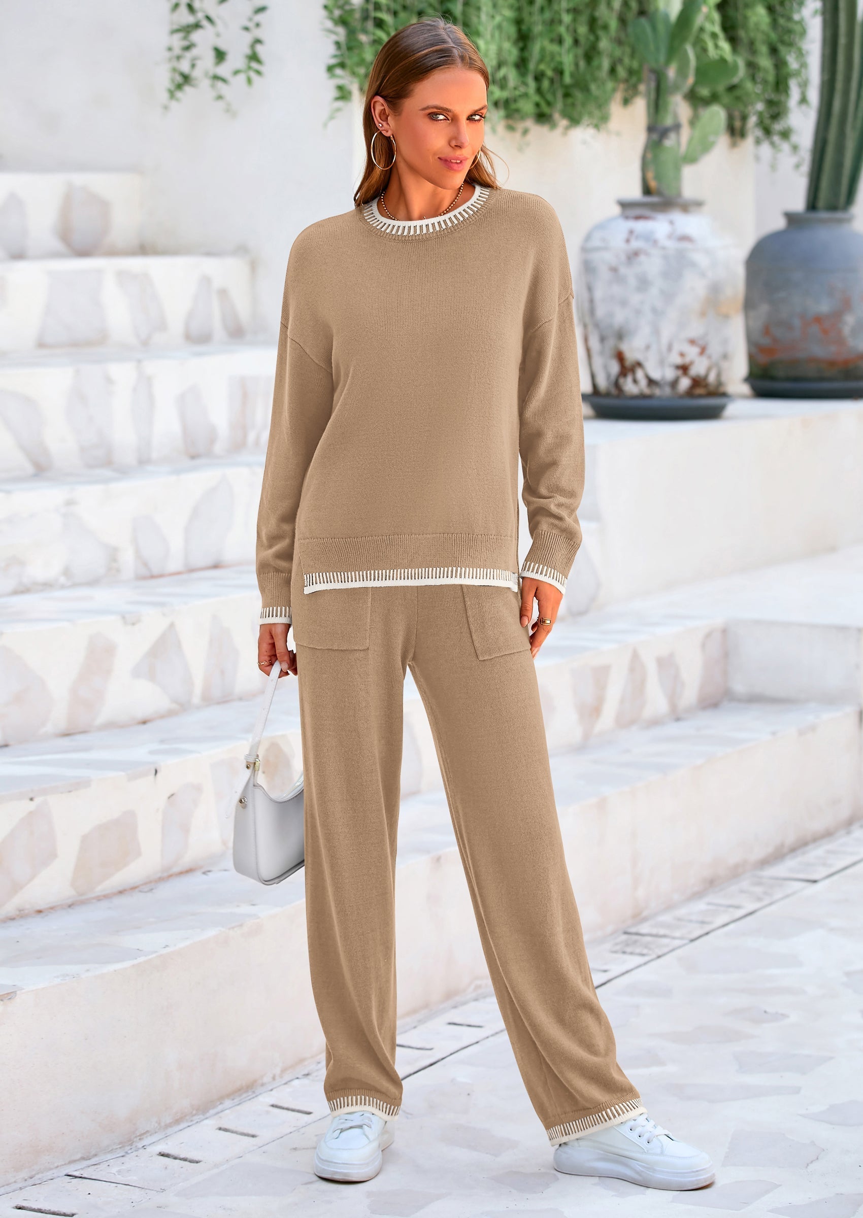 Osonn Women's 2 Piece Knit Sweater Outfit Casual Long Sleeve Pullover Wide Leg Pants Tracksuit Loungewear Set