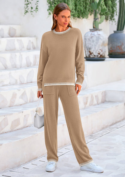 Osonn Women's 2 Piece Knit Sweater Outfit Casual Long Sleeve Pullover Wide Leg Pants Tracksuit Loungewear Set