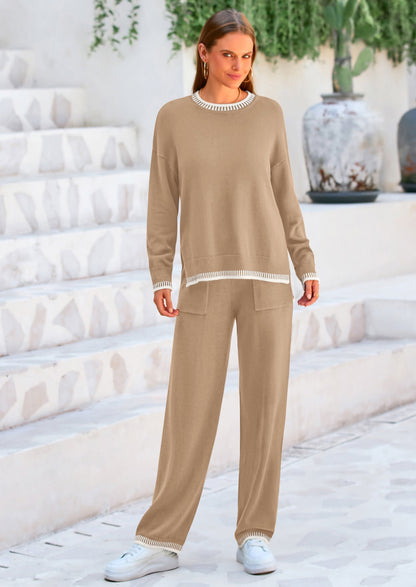 Osonn Women's 2 Piece Knit Sweater Outfit Casual Long Sleeve Pullover Wide Leg Pants Tracksuit Loungewear Set