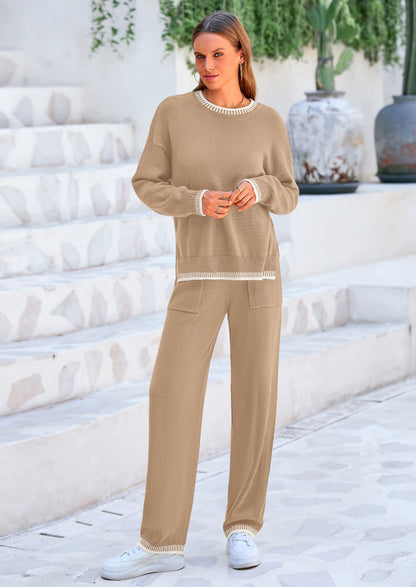 Osonn Women's 2 Piece Knit Sweater Outfit Casual Long Sleeve Pullover Wide Leg Pants Tracksuit Loungewear Set