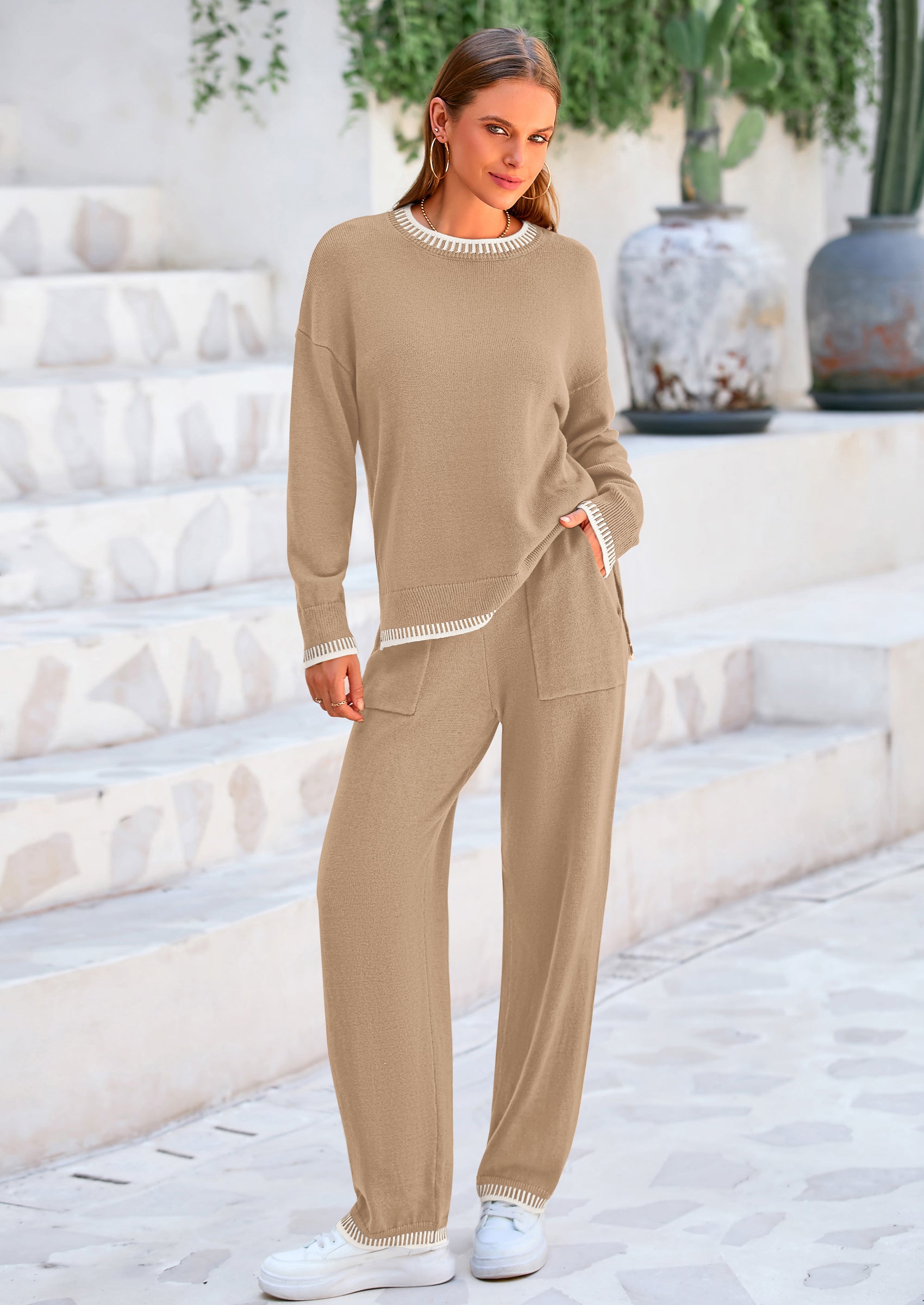 Osonn Women's 2 Piece Knit Sweater Outfit Casual Long Sleeve Pullover Wide Leg Pants Tracksuit Loungewear Set