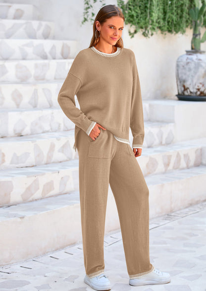 Osonn Women's 2 Piece Knit Sweater Outfit Casual Long Sleeve Pullover Wide Leg Pants Tracksuit Loungewear Set