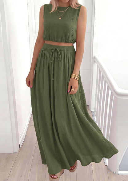 Osonn 2 Piece Sets for Women Summer Outfits Fashion Cotton Sleeveless Crop Top Long Maxi Skirt Set with Pockets