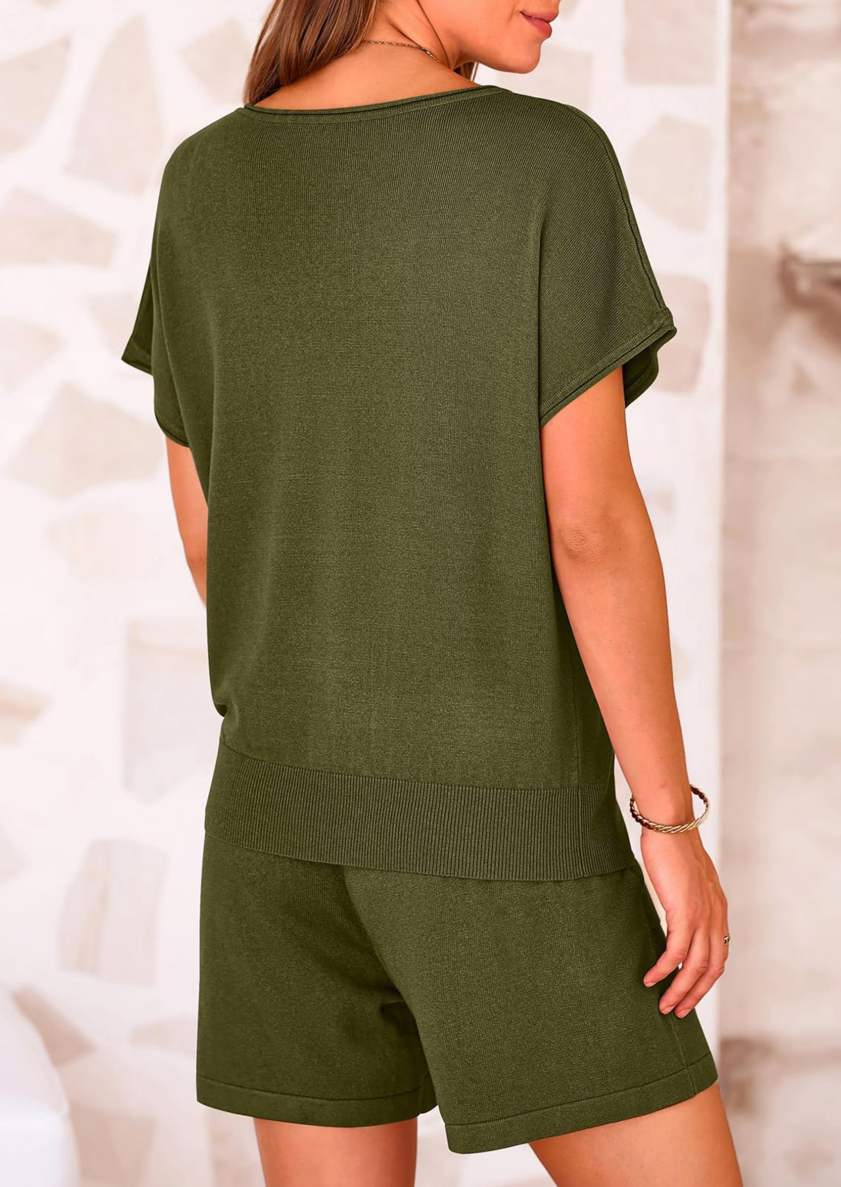 Osonn Two Piece Set for Women Summer Lounge Sets Shorts And Short Sleeve Tops Knitted Matching Travel Spring Outfits