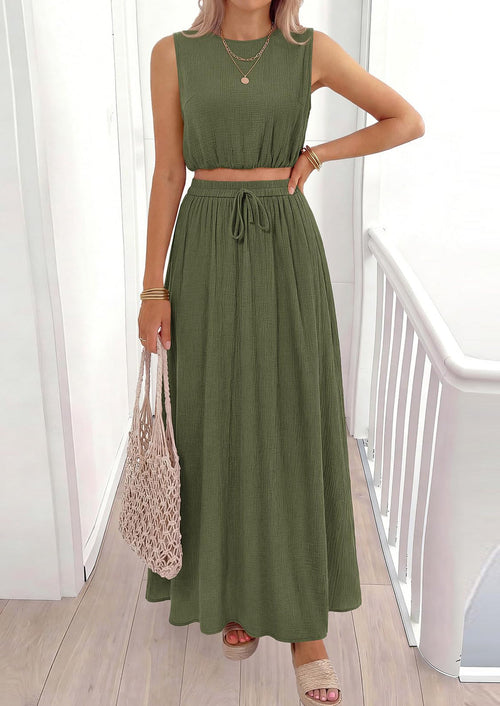 Osonn 2 Piece Sets for Women Summer Outfits Fashion Cotton Sleeveless Crop Top Long Maxi Skirt Set with Pockets