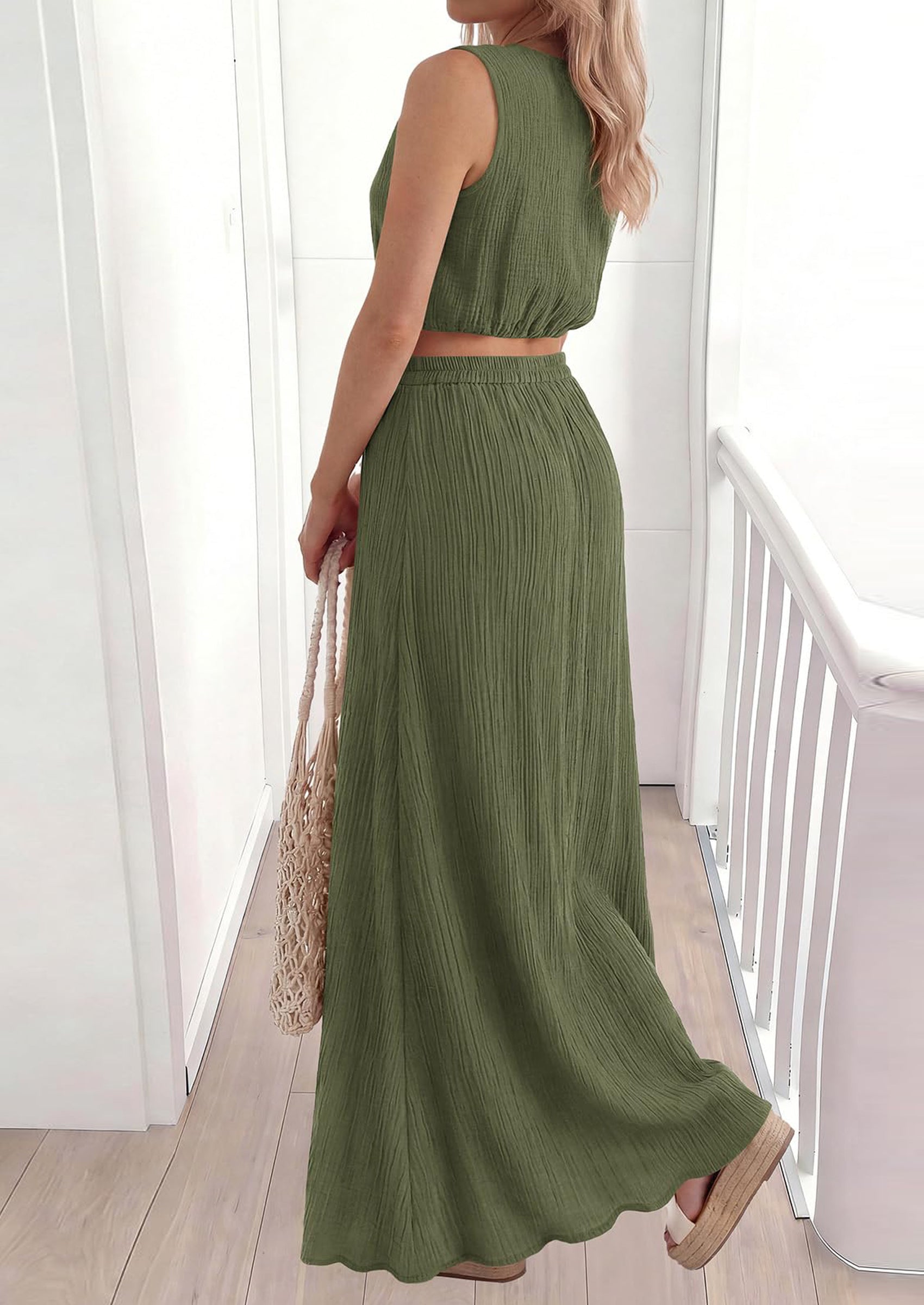 Osonn 2 Piece Sets for Women Summer Outfits Fashion Cotton Sleeveless Crop Top Long Maxi Skirt Set with Pockets