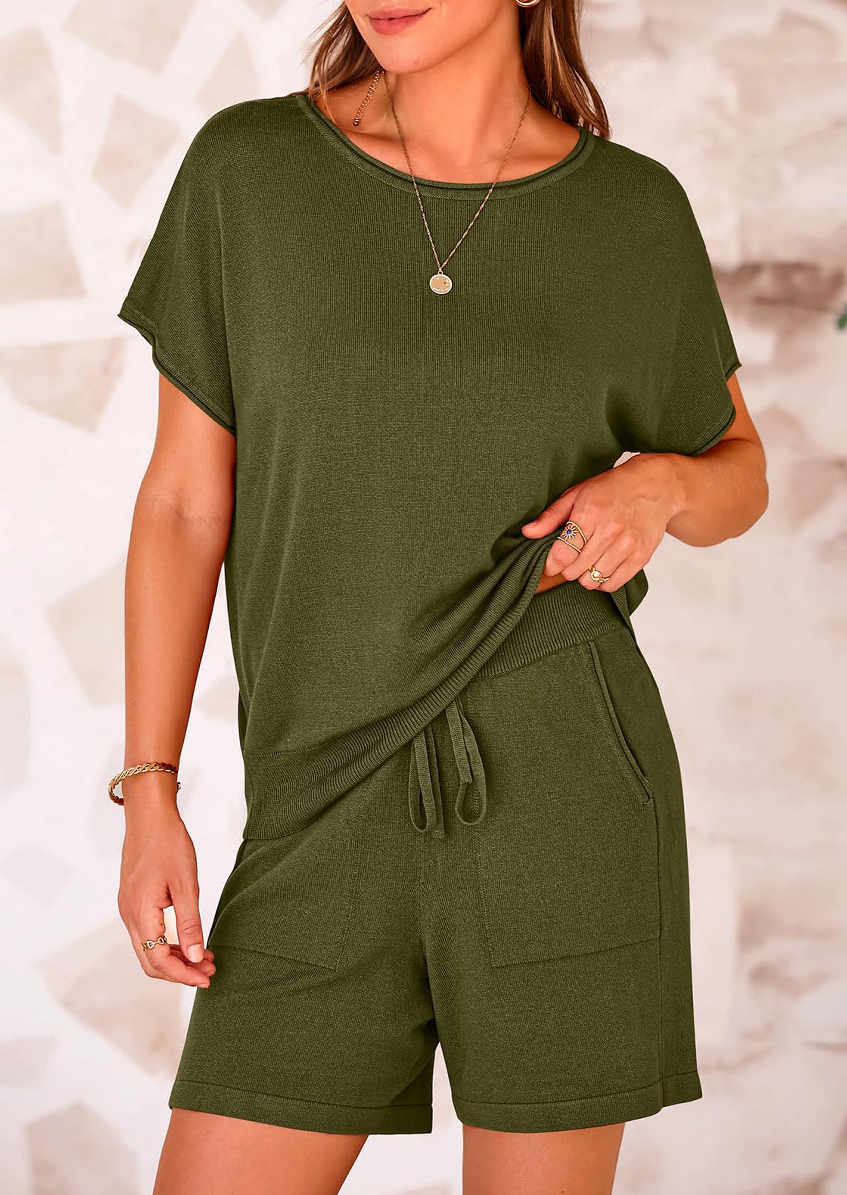 Osonn Two Piece Set for Women Summer Lounge Sets Shorts And Short Sleeve Tops Knitted Matching Travel Spring Outfits