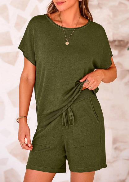 Osonn Two Piece Set for Women Summer Lounge Sets Shorts And Short Sleeve Tops Knitted Matching Travel Spring Outfits