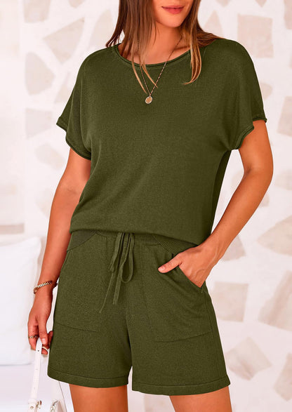 Osonn Two Piece Set for Women Summer Lounge Sets Shorts And Short Sleeve Tops Knitted Matching Travel Spring Outfits