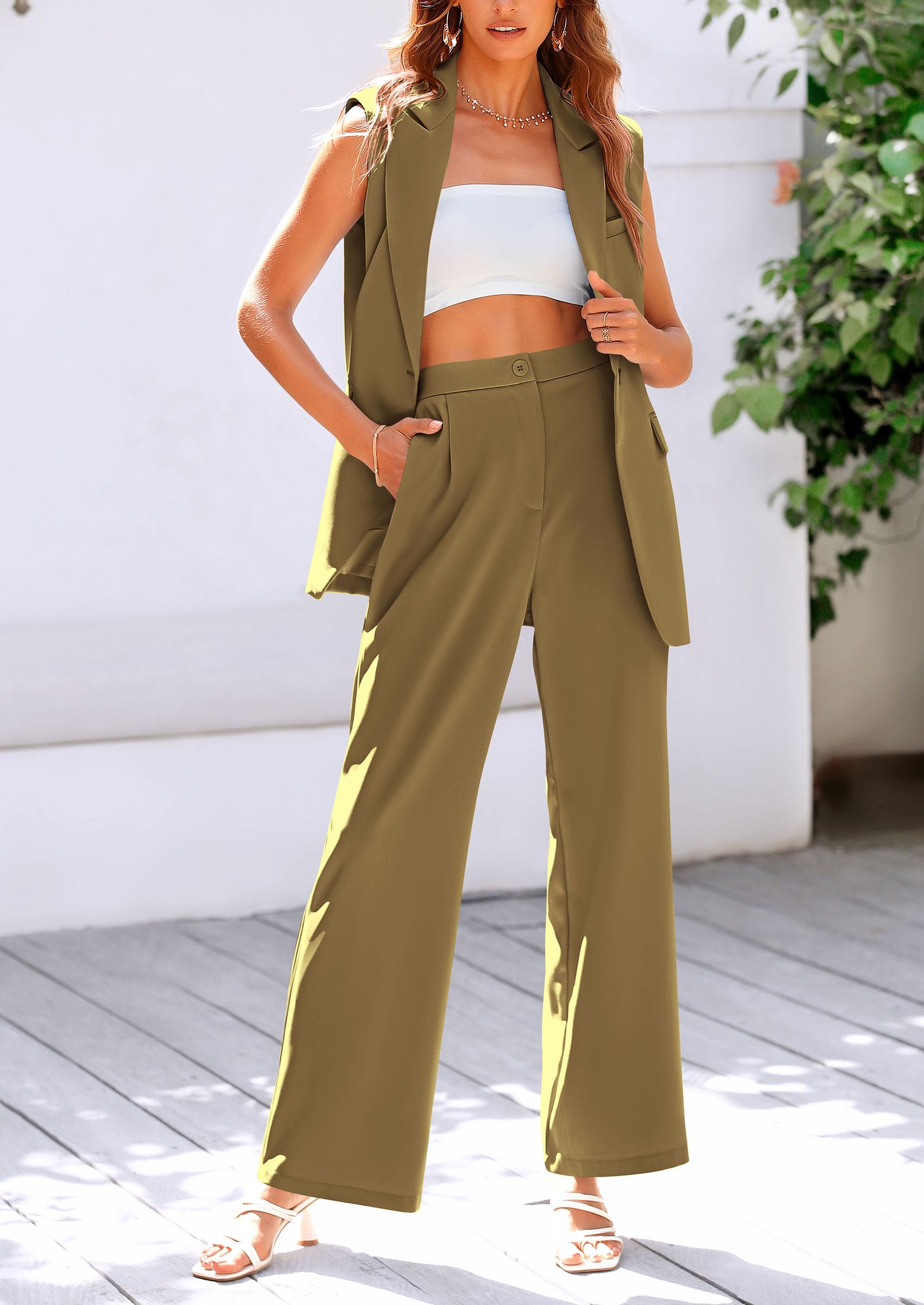 Osonn Women's 2 Piece Outfits Sleeveless Suit Vest and Wide Leg Pants Business Casual Blazer Sets