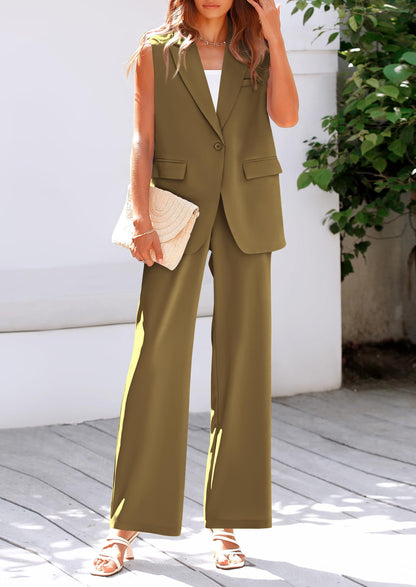 Osonn Women's 2 Piece Outfits Sleeveless Suit Vest and Wide Leg Pants Business Casual Blazer Sets