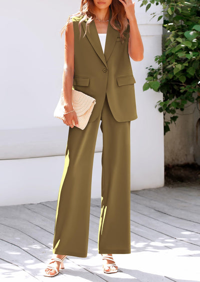 Osonn Women's 2 Piece Outfits Sleeveless Suit Vest and Wide Leg Pants Business Casual Blazer Sets