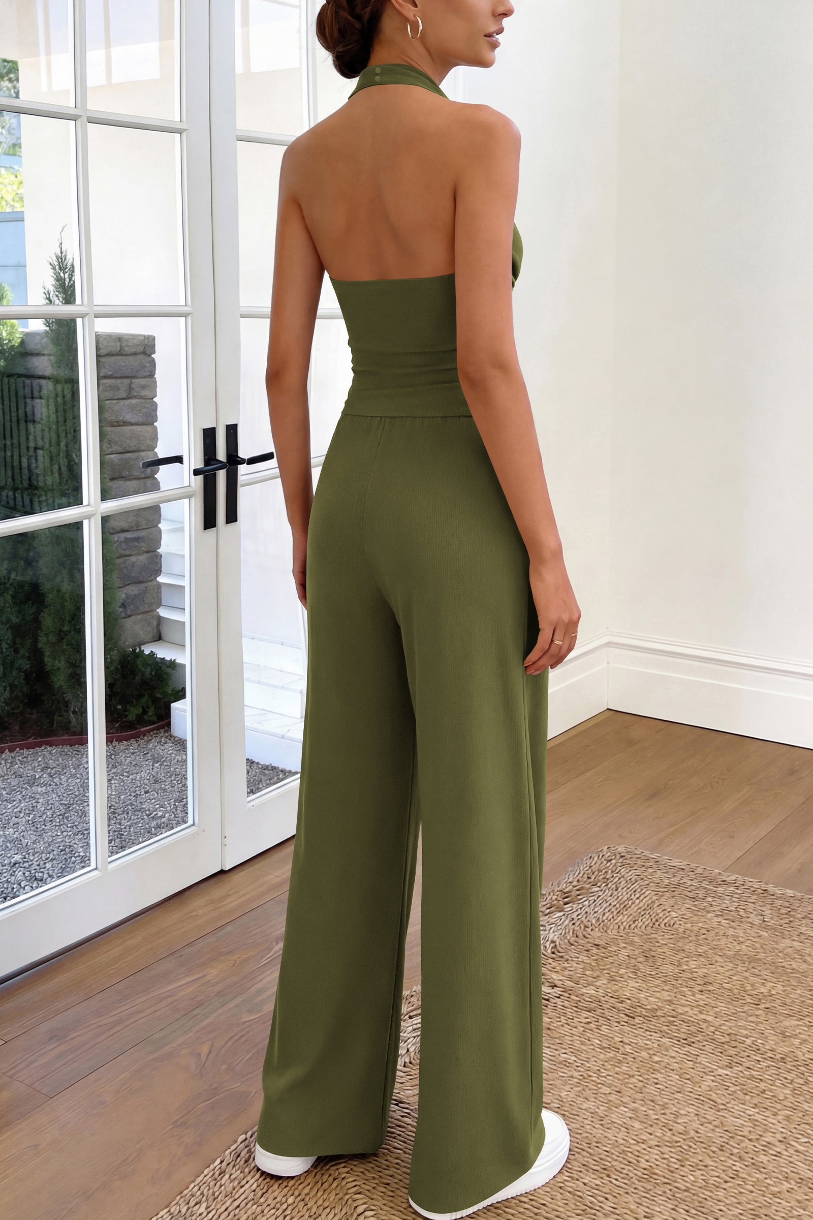 Osonn Women 2 Piece Lounge Sets Spring Fashion Halter Top Wide Leg Pants Summer Outfits Beach Vacation Clothes