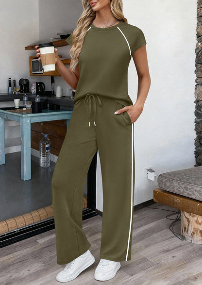Osonn Women's 2 Piece Lounge Sets Summer Cap Sleeve Tops Wide Leg Pants Travel Outfits Matching Fashion Clothing