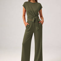 Osonn 2 Piece Matching Lounge Sets For Women Summer Short Sleeve Tie Front Crop Tops Casual Wide Leg Pants Tracksuit