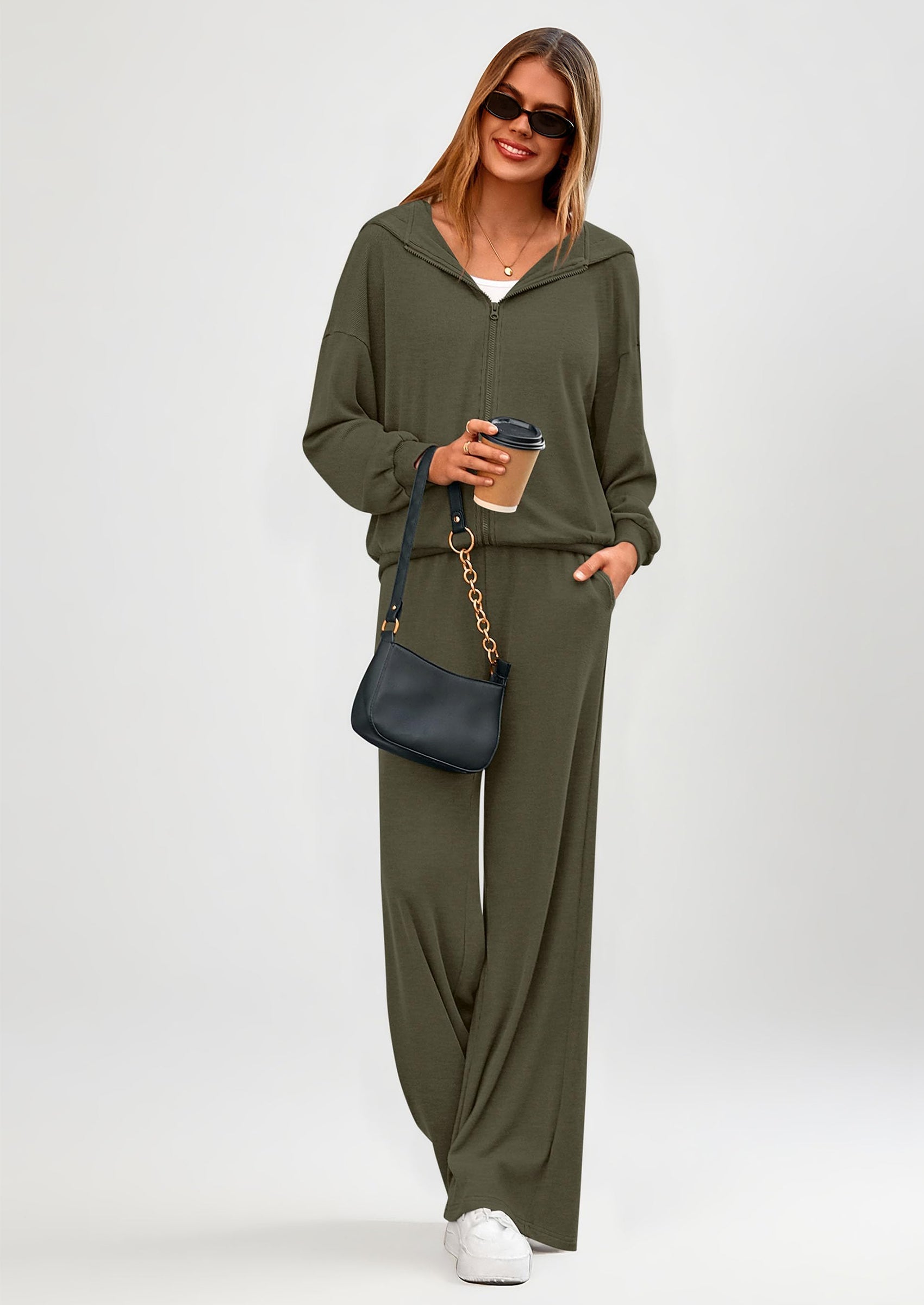 Osonn Women's 2 Piece Fall Lounge Sets Zip Up Hoodie Wide Leg Pants Tracksuit Matching Travel Outfits Clothes