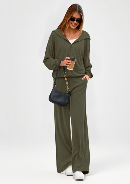 Osonn Women's 2 Piece Fall Lounge Sets Zip Up Hoodie Wide Leg Pants Tracksuit Matching Travel Outfits Clothes