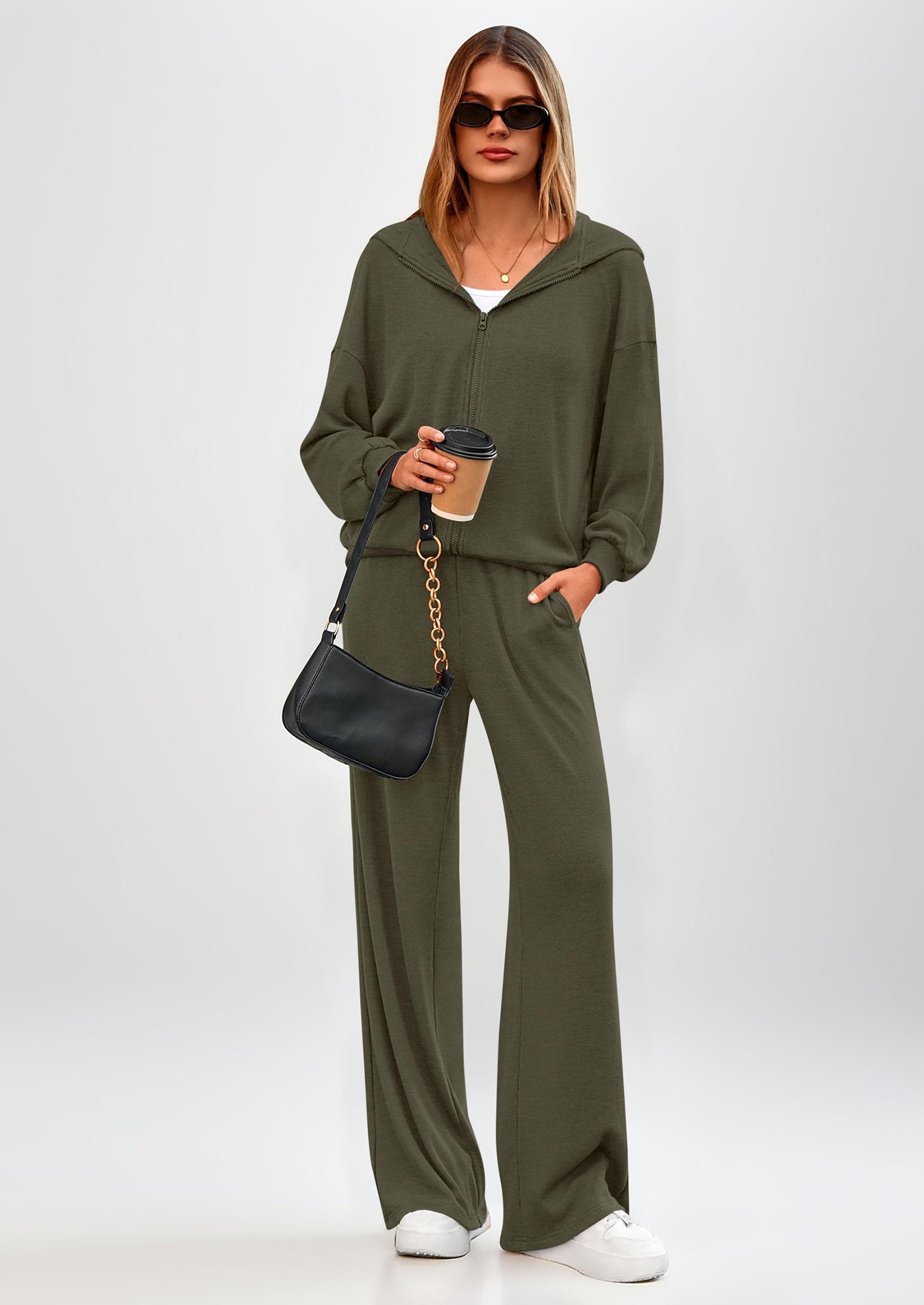 Osonn Women's 2 Piece Fall Lounge Sets Zip Up Hoodie Wide Leg Pants Tracksuit Matching Travel Outfits Clothes