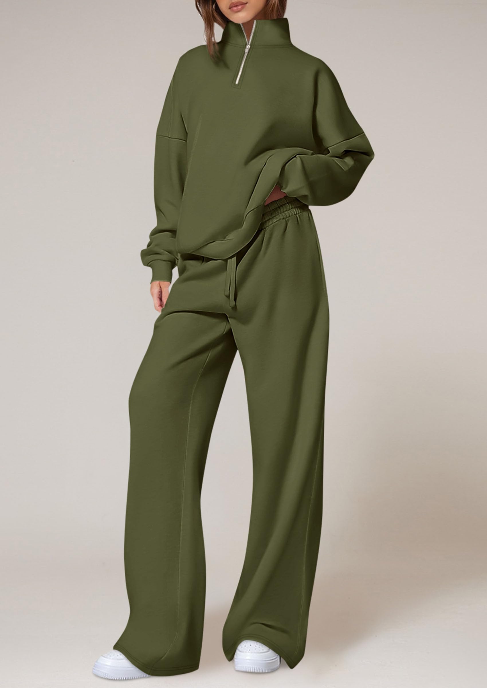 Osonn Womens Casual Two Piece Sets Fall Outfits Quarter Zip Sweatshirts Straight Leg Pants Sweatsuits Tracksuit
