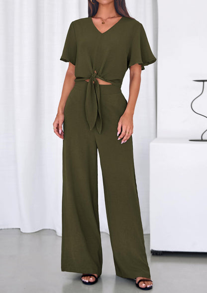 Osonn Women 2 Piece Summer Outfits Short Sleeve Strappy Top Wide Leg Pants Tracksuit Lounge Sets Beach Clothes