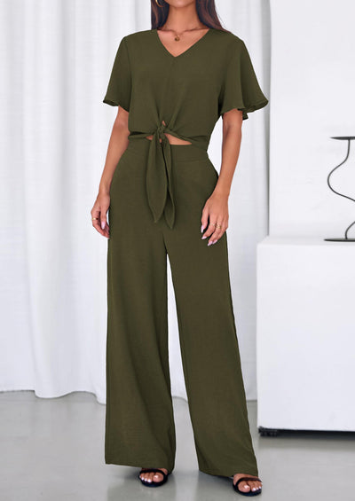 Osonn Women 2 Piece Summer Outfits Short Sleeve Strappy Top Wide Leg Pants Tracksuit Lounge Sets Beach Clothes