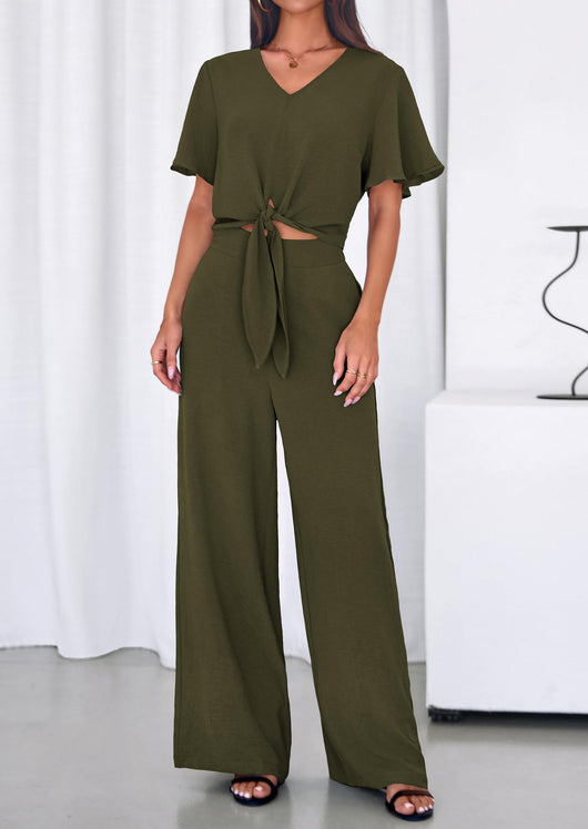 Osonn Women 2 Piece Summer Outfits Short Sleeve Strappy Top Wide Leg Pants Tracksuit Lounge Sets Beach Clothes