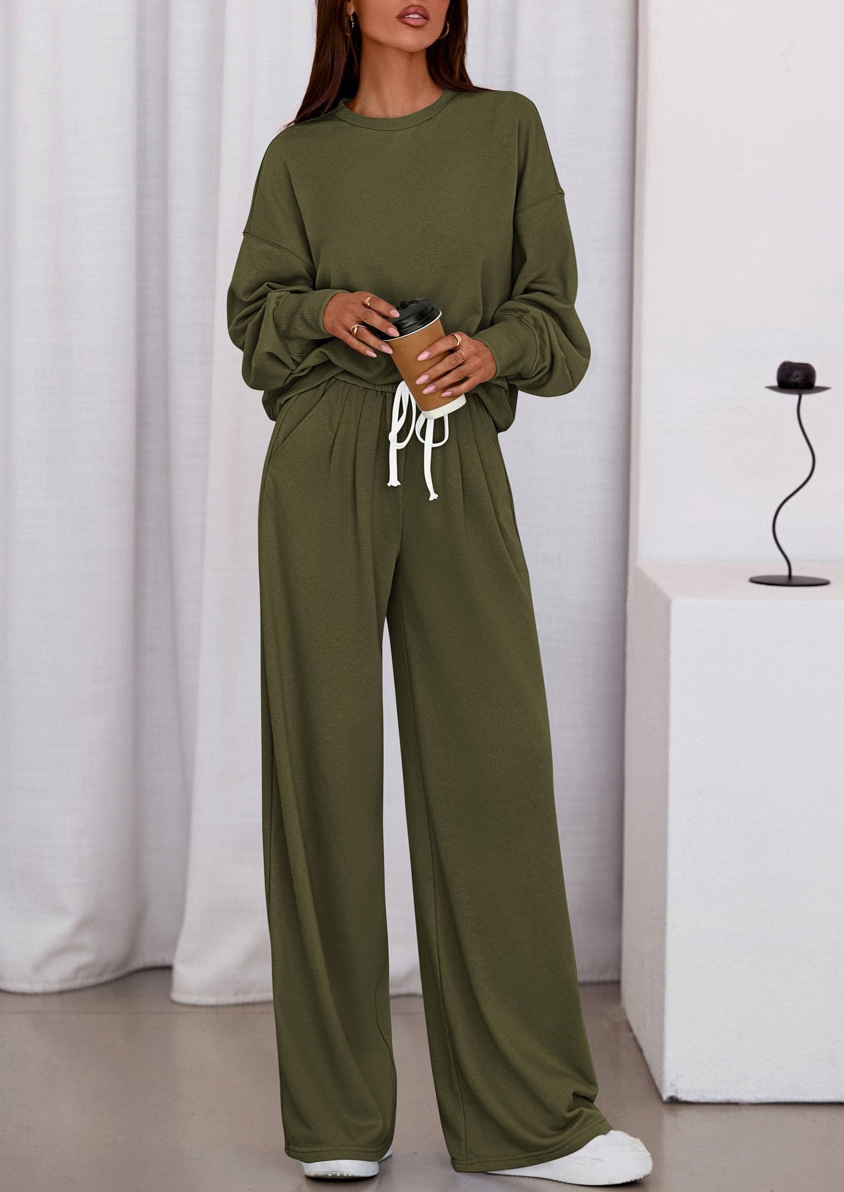 Osonn Womens 2 Piece Sets Long Sleeve Sweatshirt Wide Leg Pants Loose Matching Lounge Set Trendy Fall Outfits