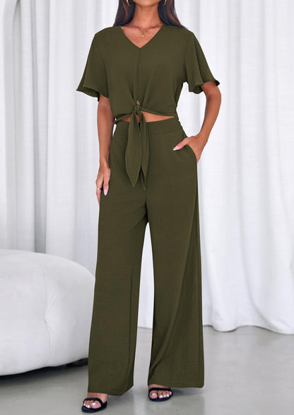 Osonn Women 2 Piece Summer Outfits Short Sleeve Strappy Top Wide Leg Pants Tracksuit Lounge Sets Beach Clothes