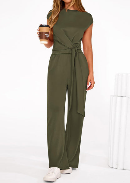 Osonn 2 Piece Matching Lounge Sets For Women Summer Short Sleeve Tie Front Crop Tops Casual Wide Leg Pants Tracksuit