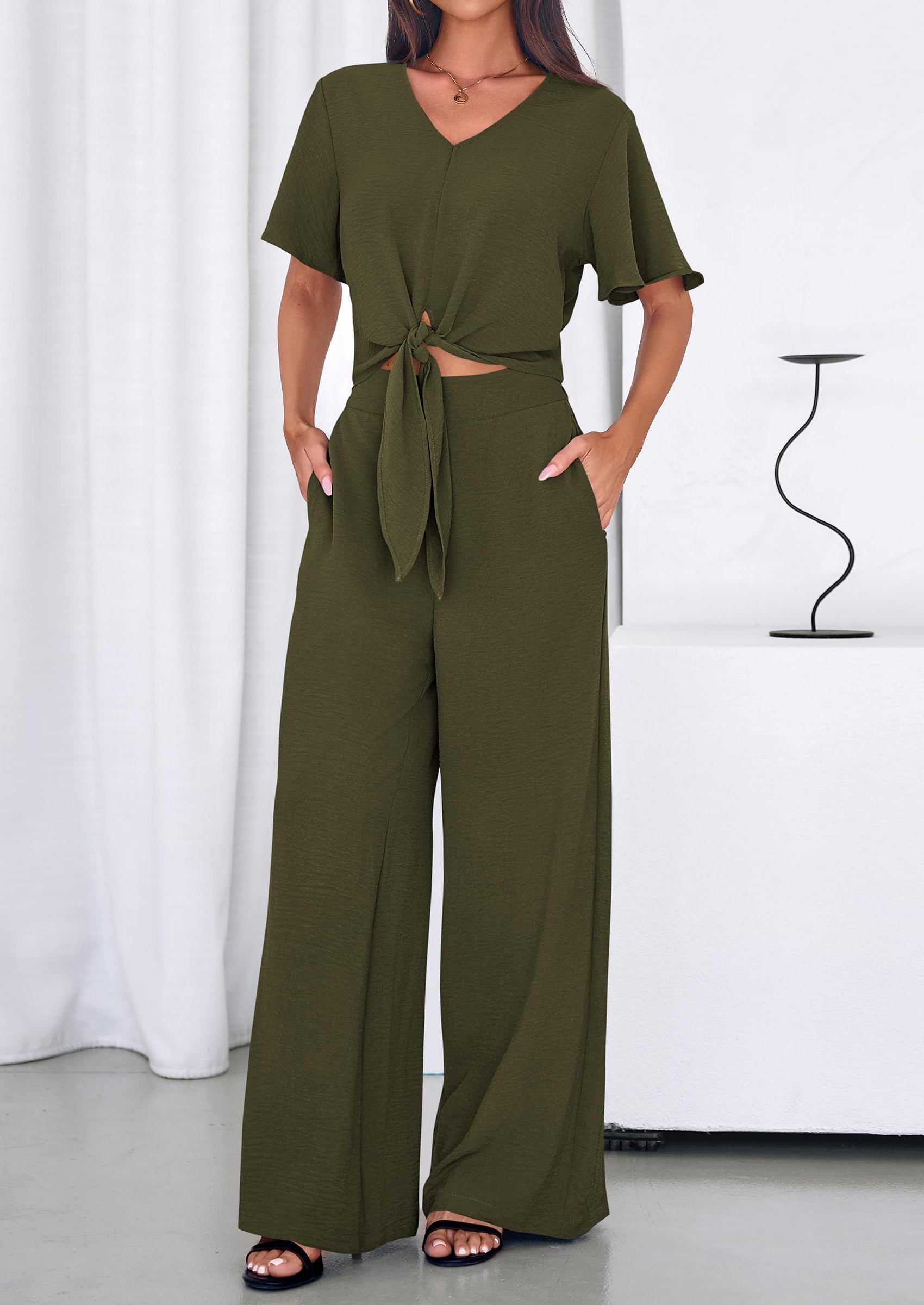 Osonn Women 2 Piece Summer Outfits Short Sleeve Strappy Top Wide Leg Pants Tracksuit Lounge Sets Beach Clothes