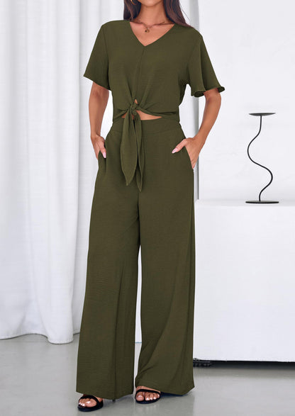 Osonn Women 2 Piece Summer Outfits Short Sleeve Strappy Top Wide Leg Pants Tracksuit Lounge Sets Beach Clothes