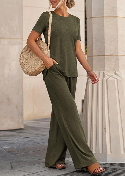 Osonn Summer Lounge Sets for Women 2 Piece Short Sleeve Crewneck Cute Tops and Wide Leg Pants with Pockets Pj Set