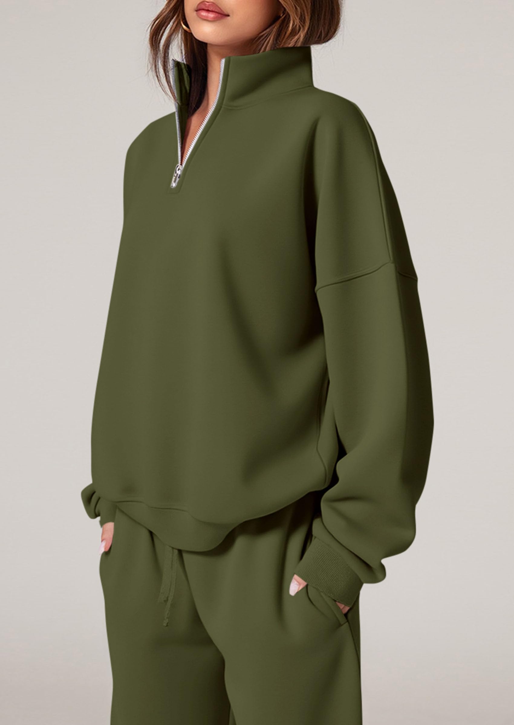 Osonn Womens Casual Two Piece Sets Fall Outfits Quarter Zip Sweatshirts Straight Leg Pants Sweatsuits Tracksuit