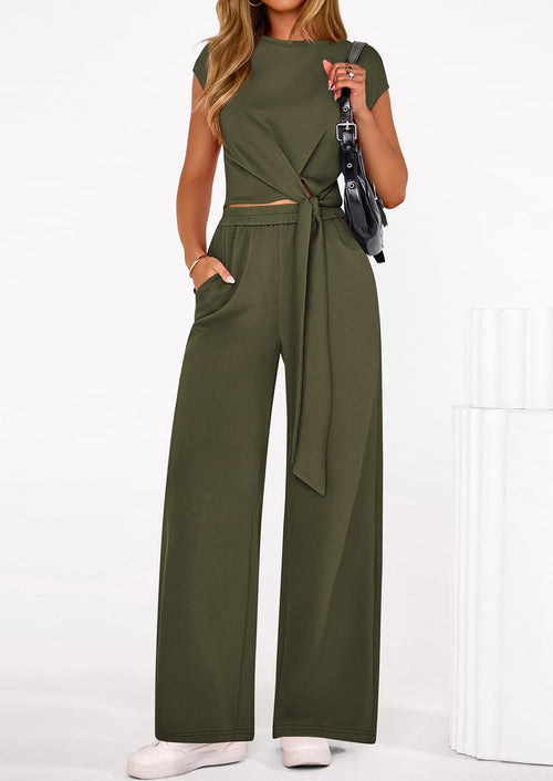 Osonn 2 Piece Matching Lounge Sets For Women Summer Short Sleeve Tie Front Crop Tops Casual Wide Leg Pants Tracksuit