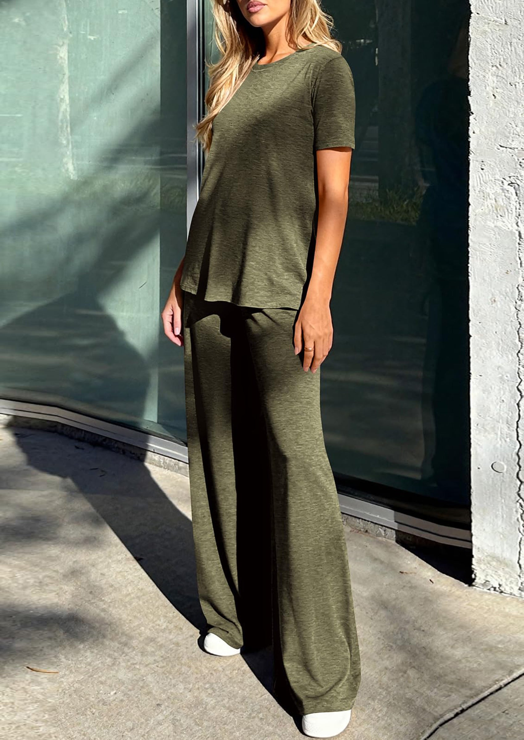 Osonn Summer Lounge Sets for Women 2 Piece Short Sleeve Crewneck Cute Tops and Wide Leg Pants with Pockets Pj Set