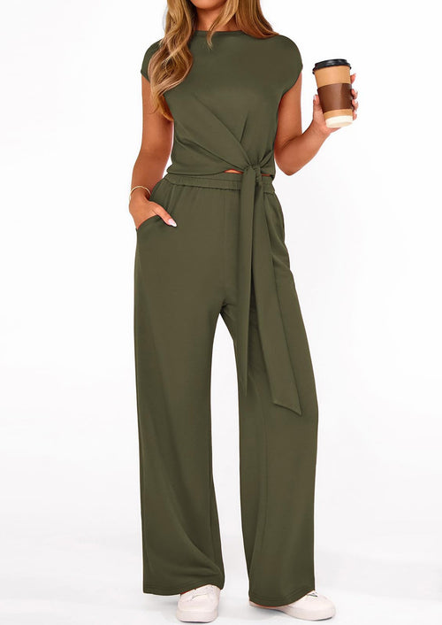 Osonn 2 Piece Matching Lounge Sets For Women Summer Short Sleeve Tie Front Crop Tops Casual Wide Leg Pants Tracksuit