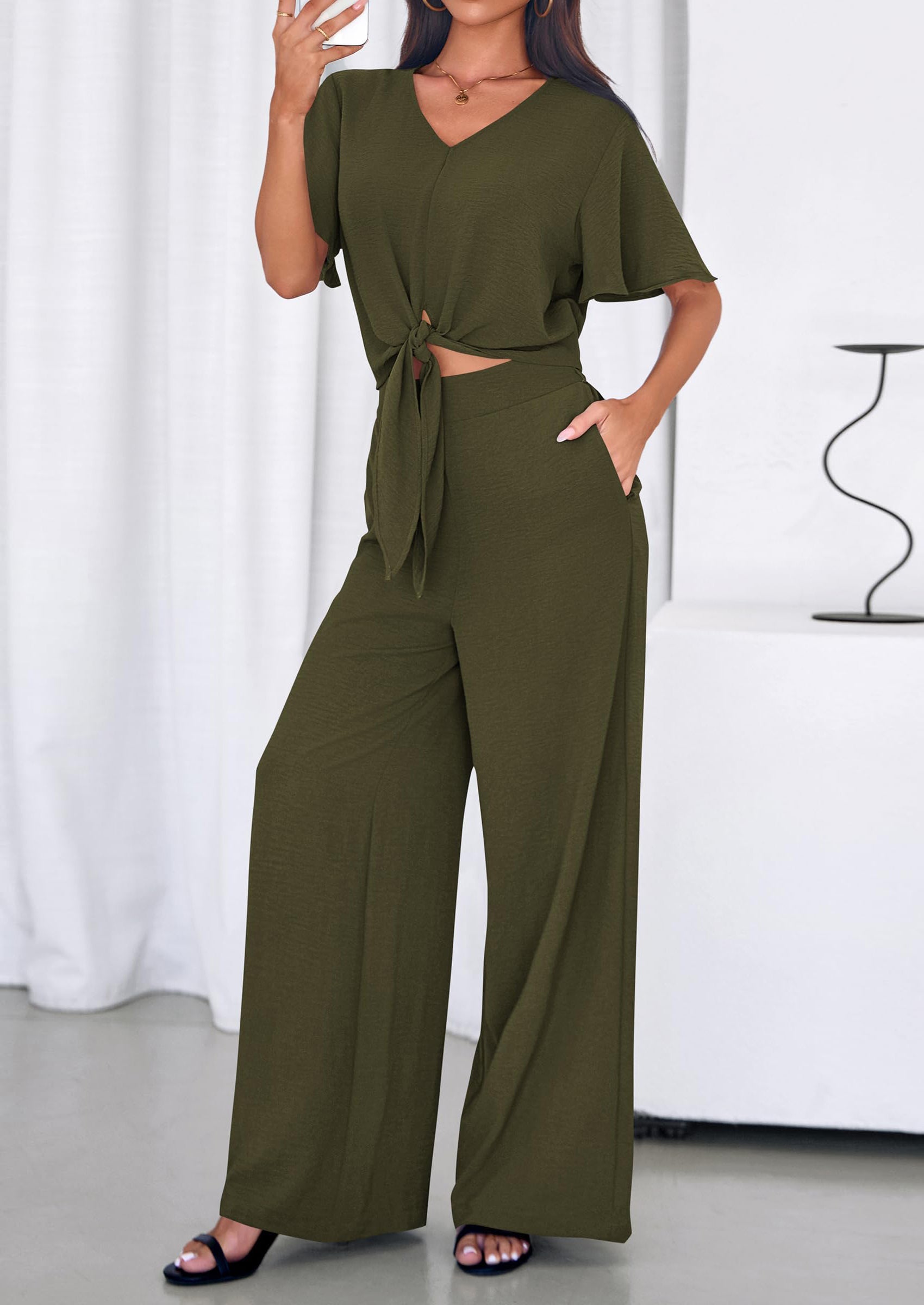 Osonn Women 2 Piece Summer Outfits Short Sleeve Strappy Top Wide Leg Pants Tracksuit Lounge Sets Beach Clothes