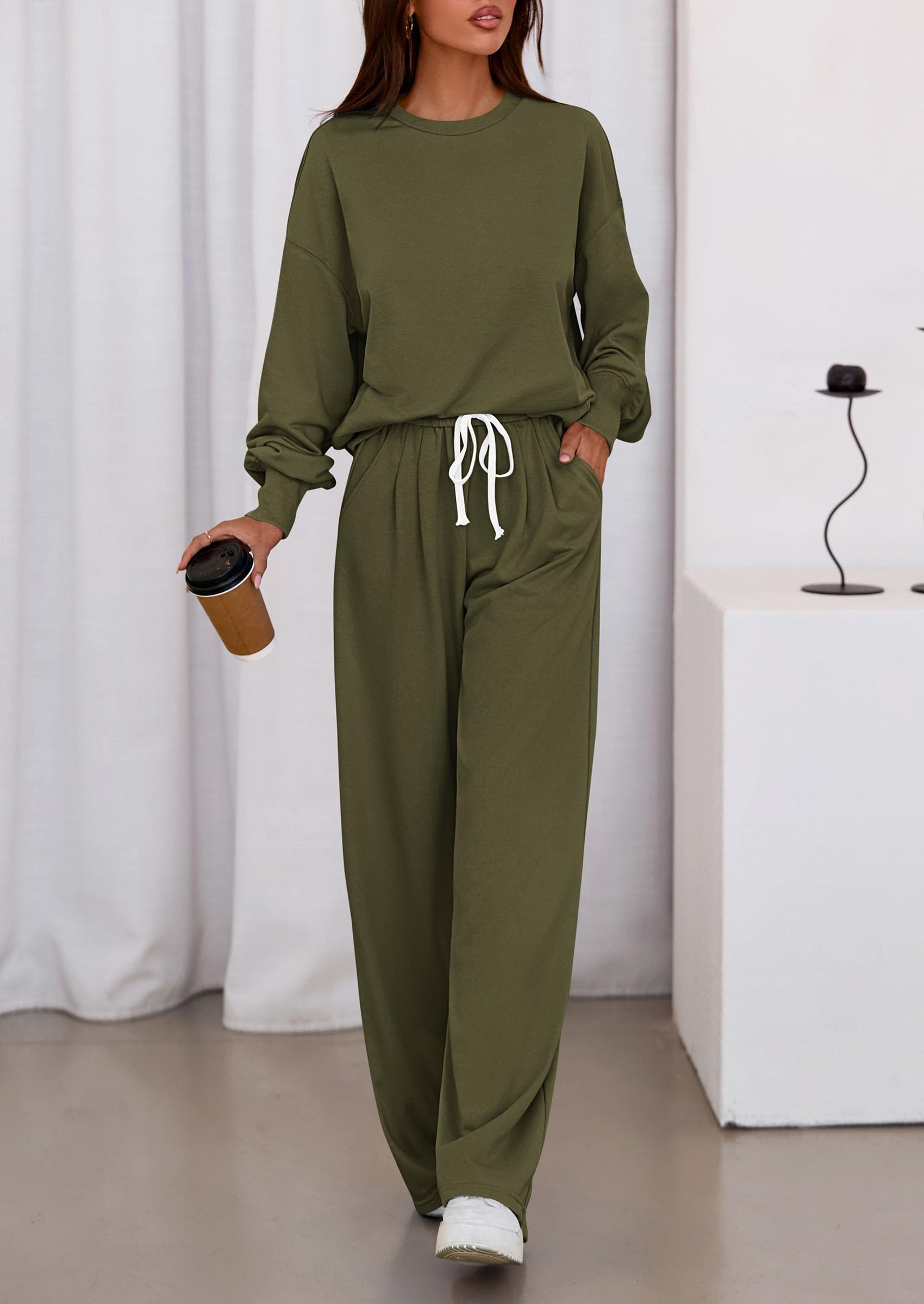 Osonn Womens 2 Piece Sets Long Sleeve Sweatshirt Wide Leg Pants Loose Matching Lounge Set Trendy Fall Outfits