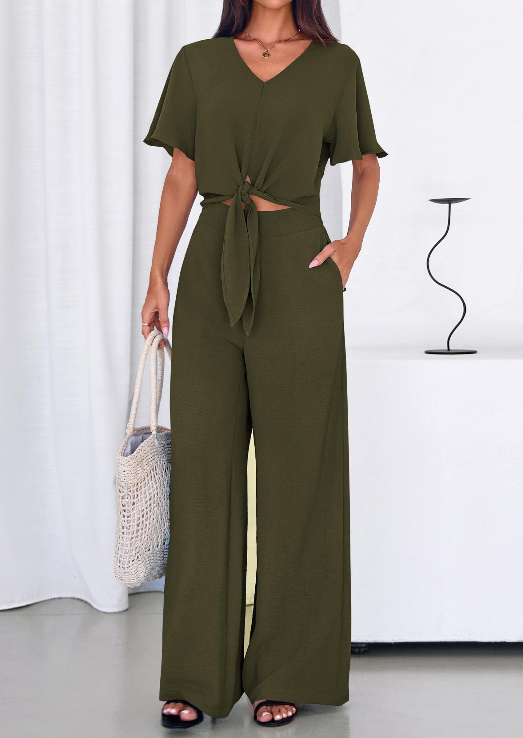 Osonn Women 2 Piece Summer Outfits Short Sleeve Strappy Top Wide Leg Pants Tracksuit Lounge Sets Beach Clothes
