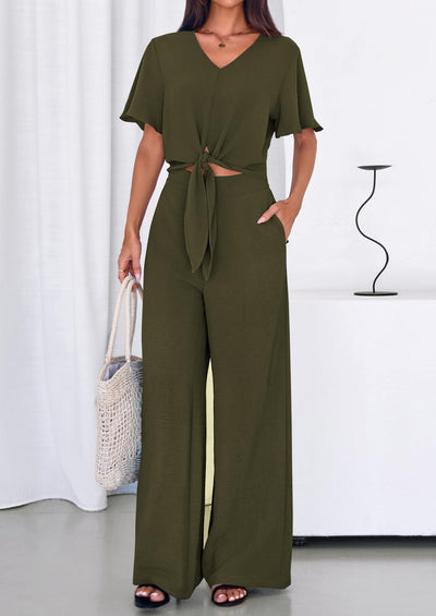 Osonn Women 2 Piece Summer Outfits Short Sleeve Strappy Top Wide Leg Pants Tracksuit Lounge Sets Beach Clothes
