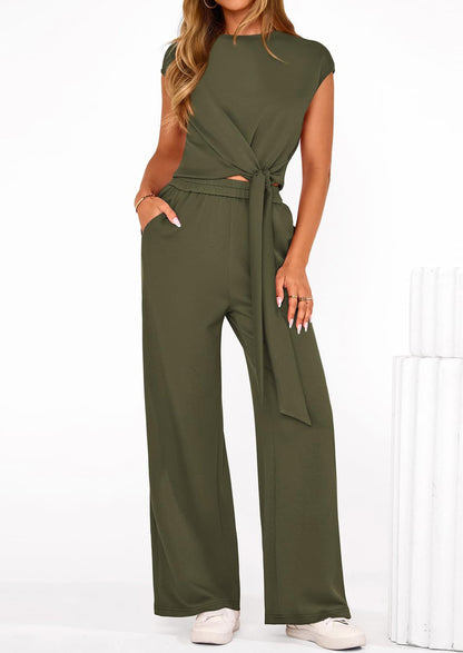 Osonn 2 Piece Matching Lounge Sets For Women Summer Short Sleeve Tie Front Crop Tops Casual Wide Leg Pants Tracksuit